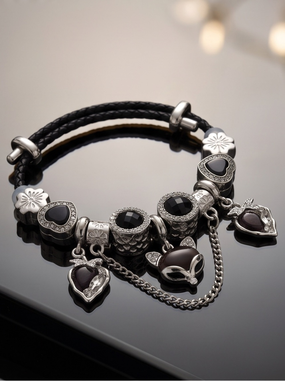 Gothic Fox Charm Bracelet - Braided Leather & Silver Tone Rhinestones (6”-8”)